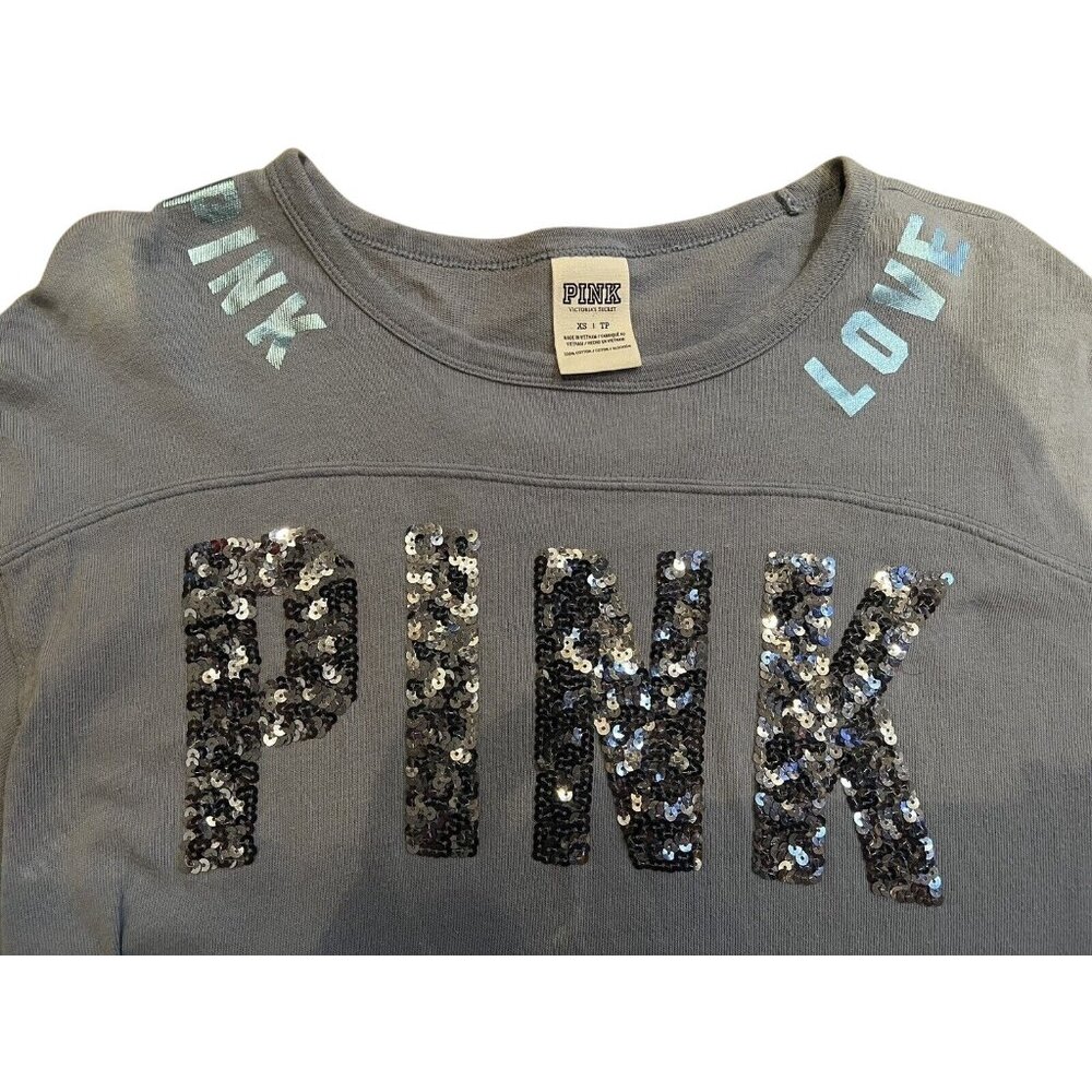 Victorias Secret Pink Love Sequin Logo Gray 3/4 Sleeve Tee XS 100% Cotton - Picture 3 of 7